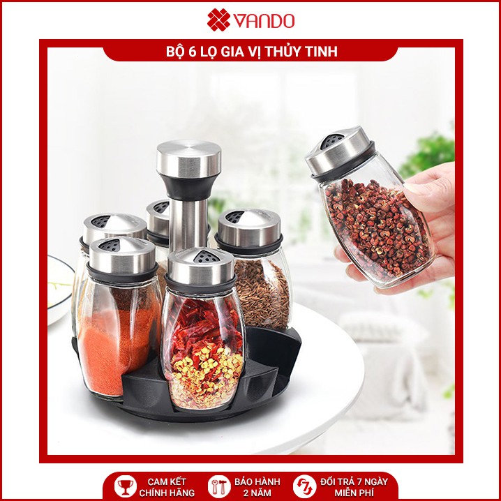 [𝗧𝗮̣̆𝗻𝗴 𝗸𝗲̀𝗺] Bộ 6 lọ đựng gia vị thủy tinh xoay 360 độ, Hũ đựng gia vị cao cấp loại 1 cho đồ dùng nhà bếp