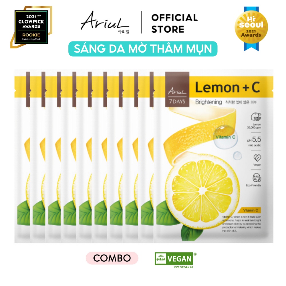 Combo 10 mặt nạ ARIUL 7 DAYS MASK Chanh LEMON + C  23ml