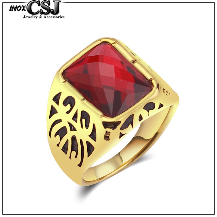 NHẪN NAM INOX MẠ VÀNG ĐÁ ĐỎ THỜI CAO CẤP SANG TRỌNG - tặng hộp đựng xinh xắn