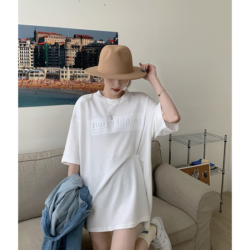 SUXI Áo thun tay ngắn cổ tròn dáng rộng in họa tiết chữ phong cách mùa hè trẻ trung cho nữ