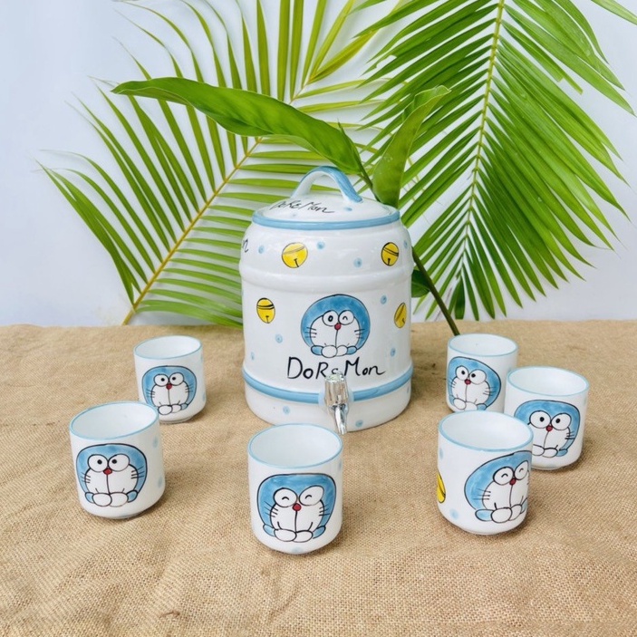 Bộ Bình đựng nước Gốm Sứ Bát Tràng có vòi, bình gốm 9 lit Hình Doraemon Decor Cực Xinh