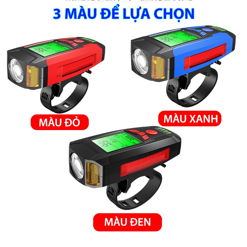 (3 IN 1)  Đèn xe đạp siêu sáng đa năng có Đồng hồ đo tốc độ và Còi cao cấp