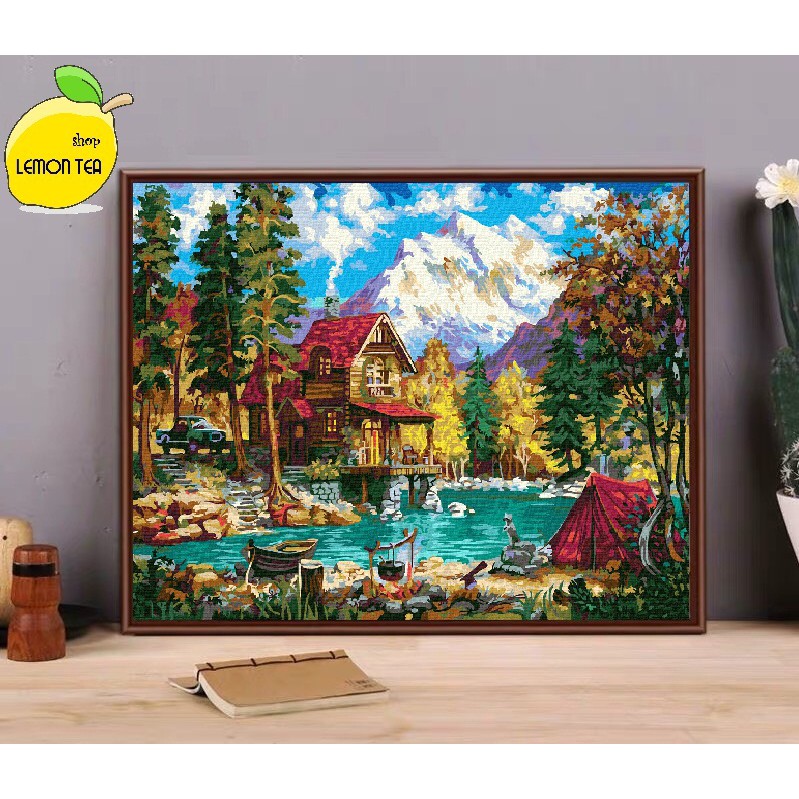 TRANH TÔ MÀU SỐ HÓA LEMON TEA SHOP PHONG CẢNH BẮC ÂU RỪNG THU KHỔ 40X50, màu đẹp, tranh chất lượng, CHI TIẾT