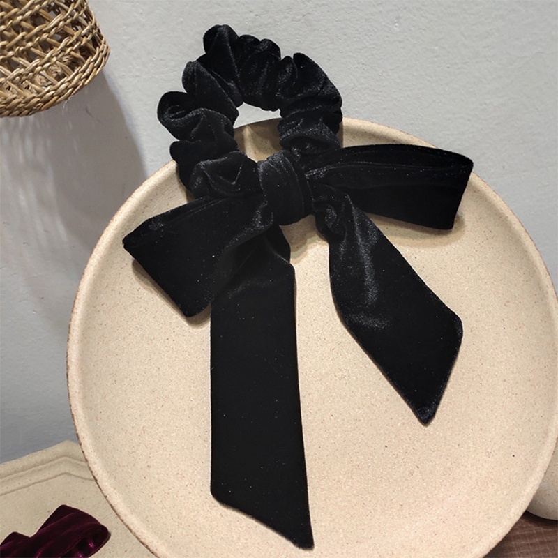 Dây Buộc Tóc Vải Nhung Thắt Nơ Ruy Băng Màu Trơn Co Giãn Phong Cách Vintage Dành Cho Nữ