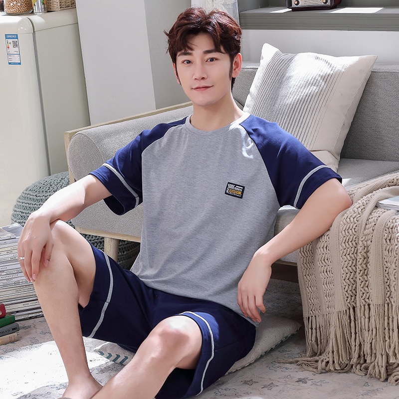 Bộ đồ ngủ gồm áo tay ngắn + quần short dáng rộng bằng cotton nguyên chất thời trang mùa hè cho nam