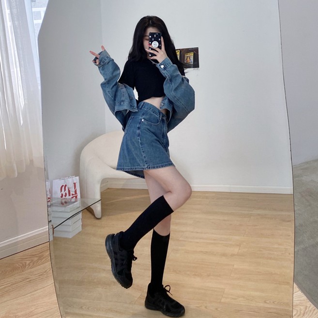 Set áo khoác denim + chân váy lưng cao Xiaozhainv phong cách retro (Có bán lẻ) | BigBuy360 - bigbuy360.vn