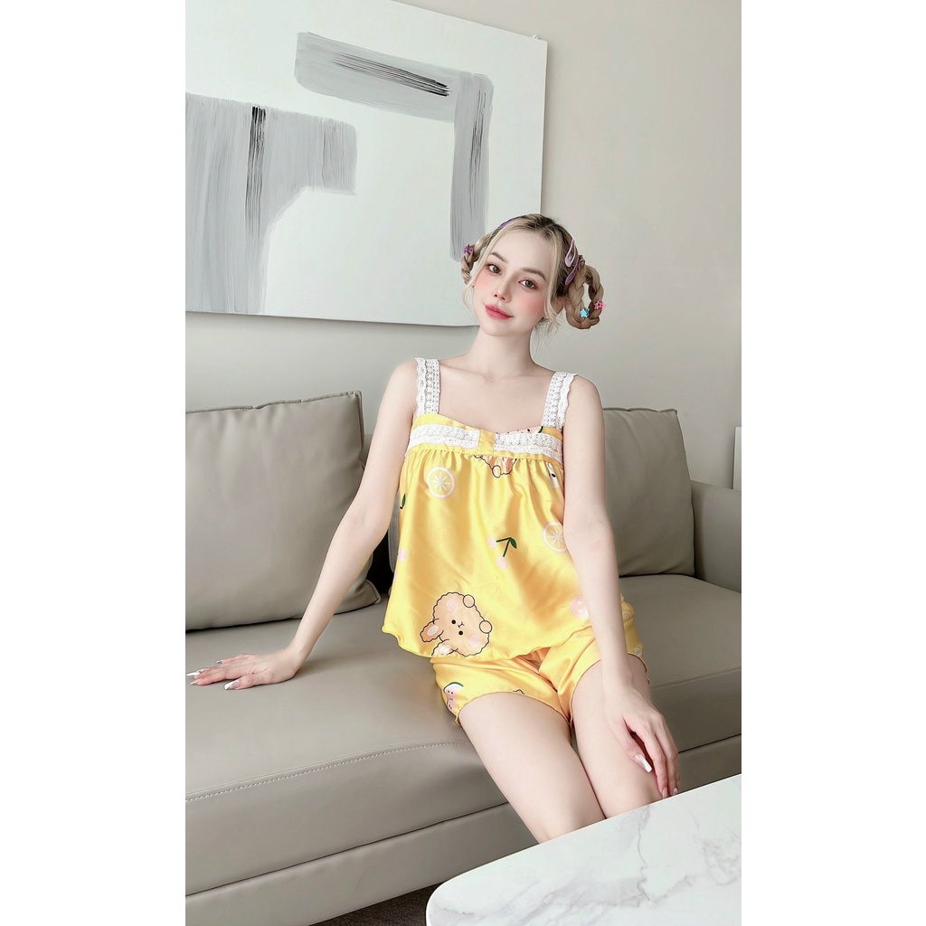 Đồ ngủ nữ đùi mặc nhà, bộ dây satin bản to phối ren- Phuongaliceshop