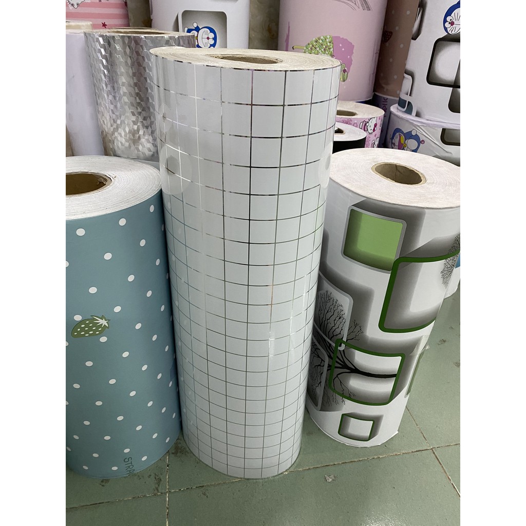 1M decal dán bếp khổ rộng 60cm tráng nhôm - vuông nhỏ trắng