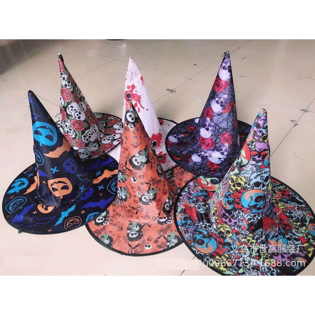 Mũ chóp - Mũ phù thủy halloween  loại chất dày họa tiết đẹp