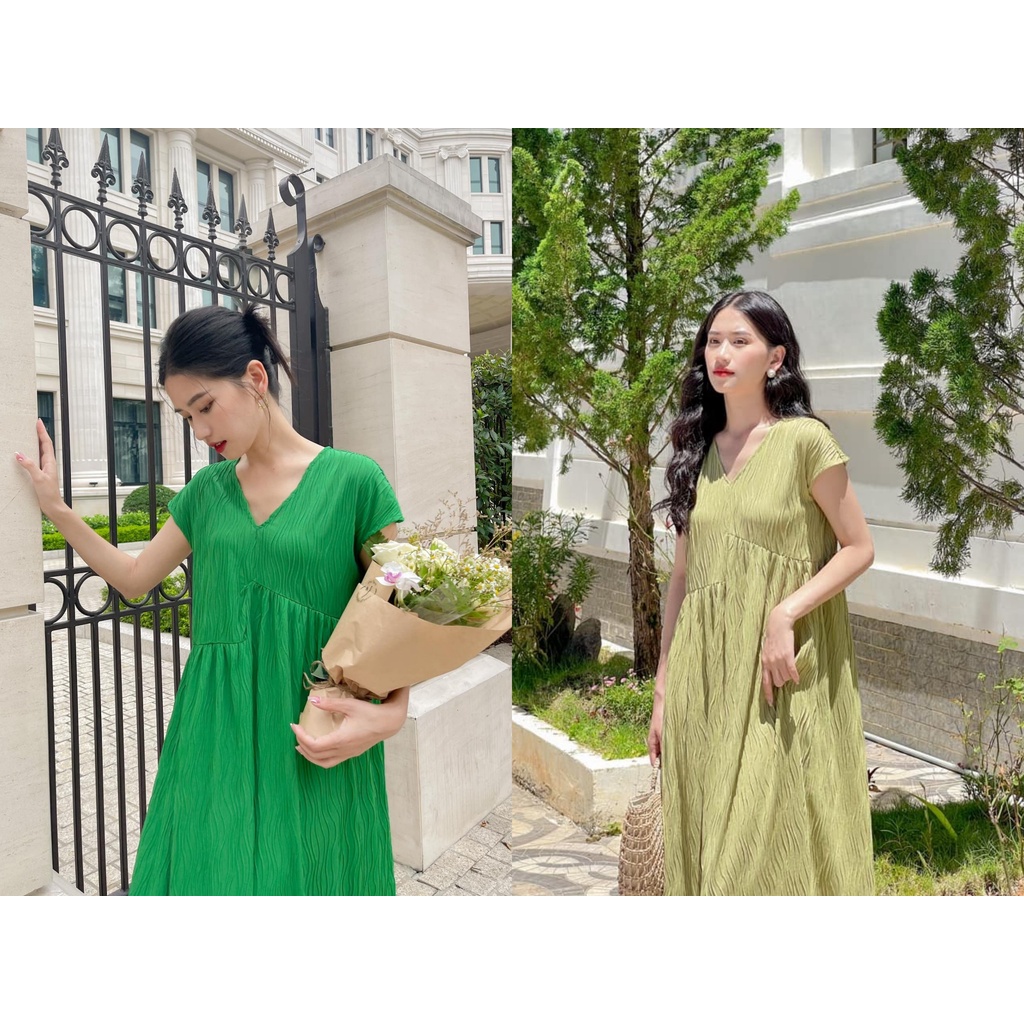 Đầm BaByDoll Thiết Kế Cổ V Với Chất Liệu Sóng Nhăn Lạ Mắt, Co Giãn 4 Chiều Thoải Mái.