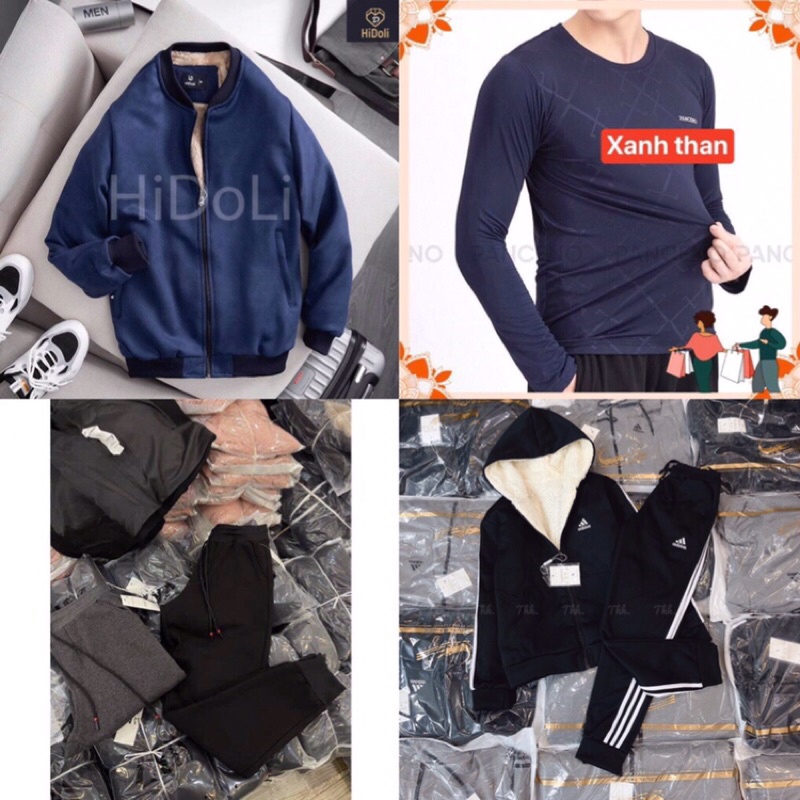 Combo 3 quần lót lông 2 đen 1 xám +áo da lộn lót lông xanh than+bộ lót lông đen+áo nhiệt xanh than cho nam 60kg