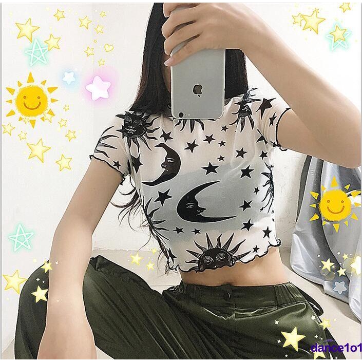 Áo croptop tay ngắn chất ren lưới xuyên thấu quyến rũ