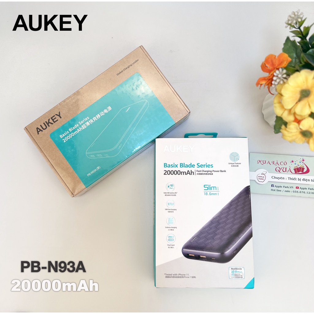Sạc Dự Phòng Aukey PB-N93A 20000mAh /N73S 10000mAh PD 18W 1C+2A,2 Cổng USB-C Sạc Nhanh PD3.0 18W + USB-A QC 3.0 18W