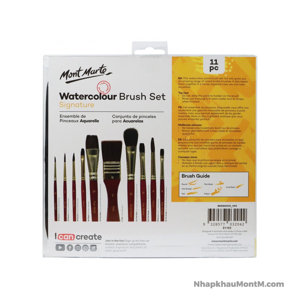 SET CỌ KÈM VÍ MONT MARTE MÀU NƯỚC | SƠN DẦU | ACRYLIC (Brush in Wallet 11PC)