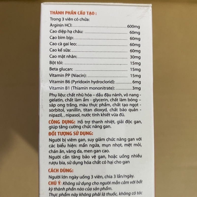Viên uống giải độc gan ARGININ 600 Bcomplex Extra Hộp 60 viên có chứa Cà gai leo ,cao kế sữa giúp thanh nhiệt mát gan