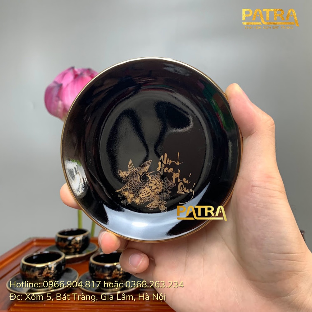 Bộ ấm chén uống trà cao cấp , bộ ấm trà Bát Tràng - vinh hoa phú quý men đen bóng