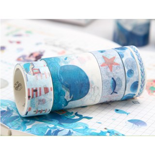 Băng dính Washi Tape set 10 mẫu Cá Voi Xanh trang trí tranh, planner, sổ tay