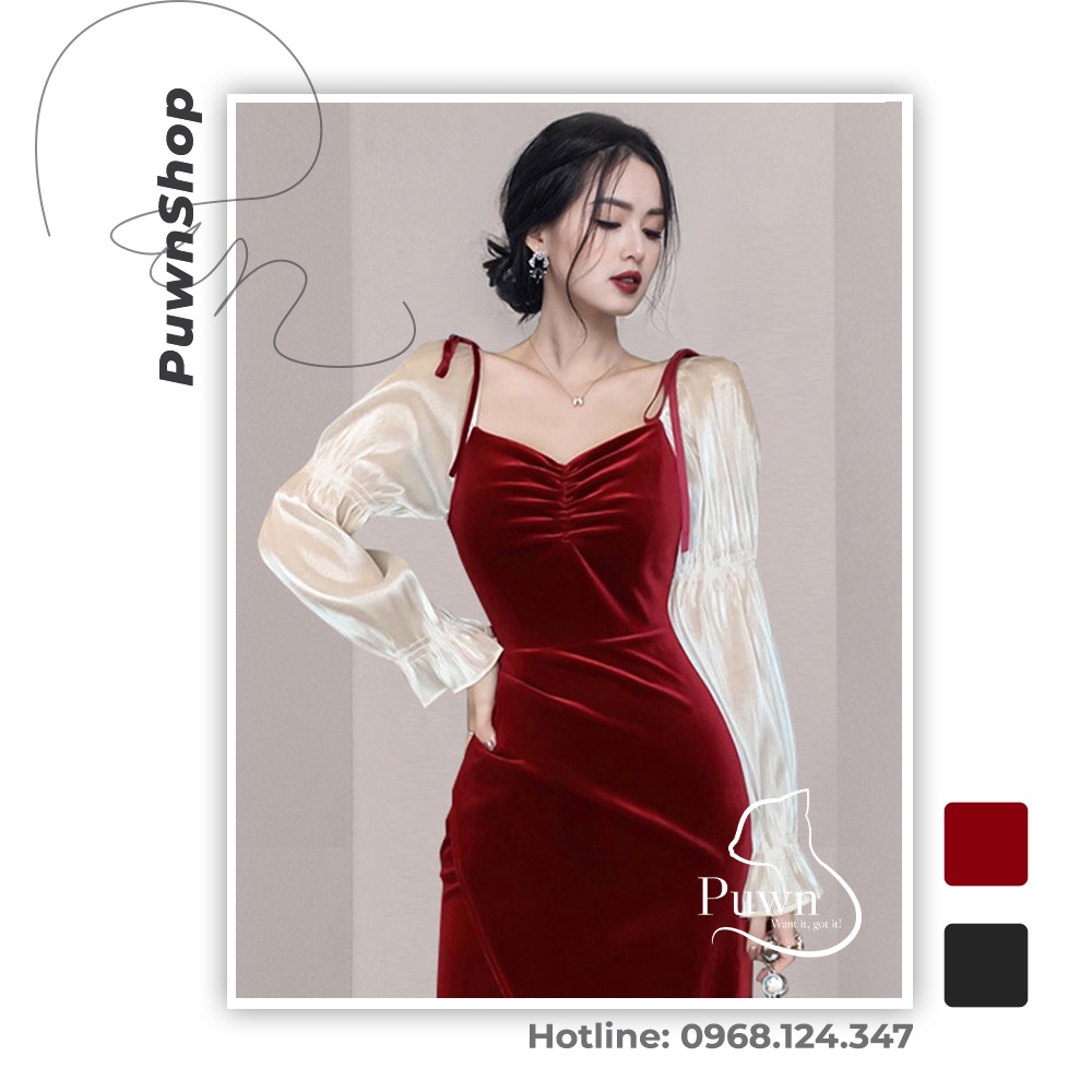 Váy nhung buộc 2 dây phối tay bồng phong cách tiểu thư thanh lịch, cuốn hút  Puwn Shop