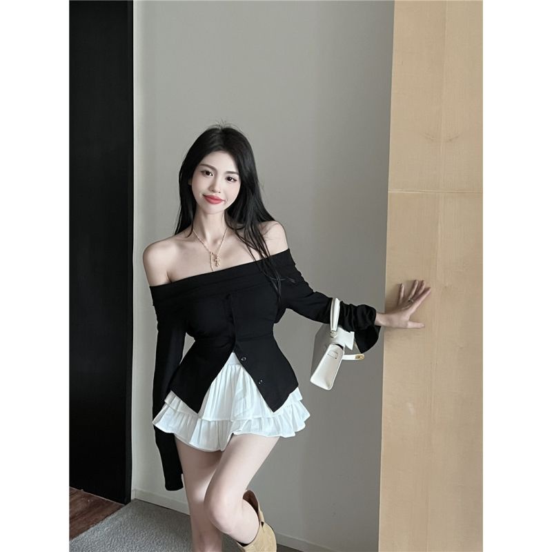Áo Cardigan Dệt Kim Trễ Vai Tay Dài Dáng Ôm Thời Trang Mùa Thu Quyến Rũ Cho Nữ