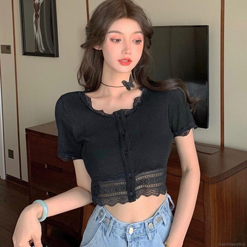 Áo Croptop Dệt Kim Tay Ngắn Phối Nút Thiết Kế Hợp Thời Trang