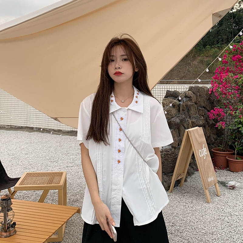 Áo Sơ Mi Ngắn Tay Thêu Hoa Thời Trang Hàn Quốc Cho Nữ
