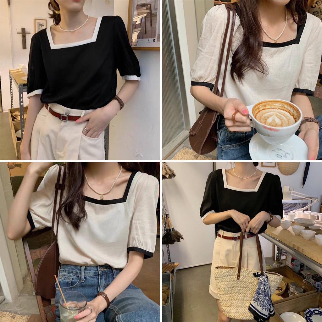 Áo vintage cổ vuông linen | BigBuy360 - bigbuy360.vn