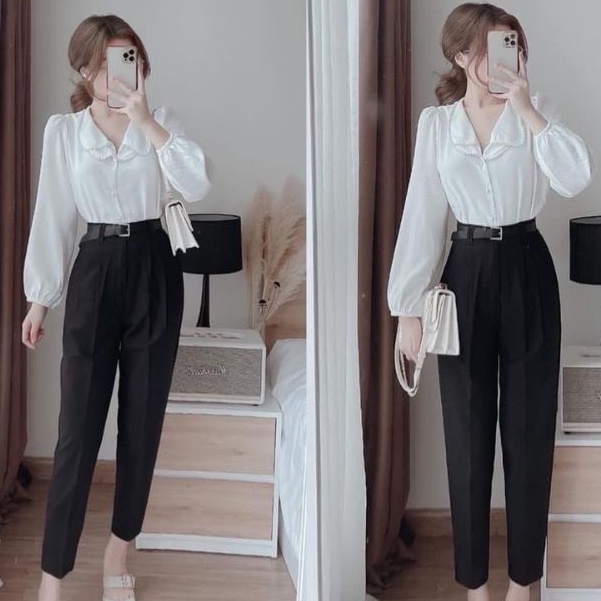 áo sơ mi nữ trắng vải lụa phối dây ngọc viền cổ, sơ mi nữ công sở dài tay lịch sự | BigBuy360 - bigbuy360.vn