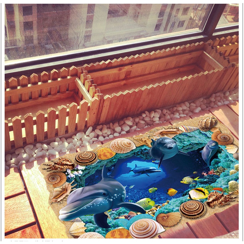 Decan dán tường đẹp, decan dán tường 3d hình cá heo kích thước 60x90