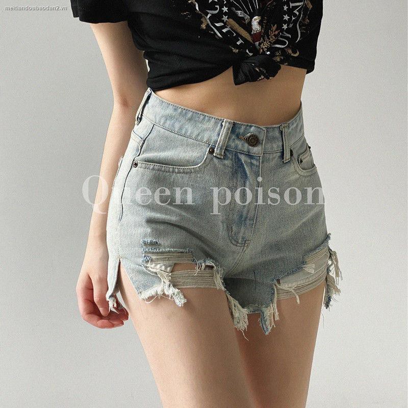 ☊☏European and American ins irregular ripped raw edge denim shorts female 2021 summer new sexy high-waisted thin A-line hot pants