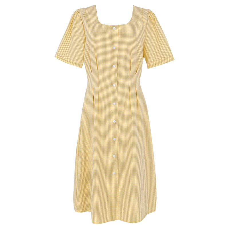 (ORDER) Váy MORAN cổ vuông kẻ sọc vàng kem nhẹ nhàng cài dọc khuy đơn giản kiểu Pháp | BigBuy360 - bigbuy360.vn