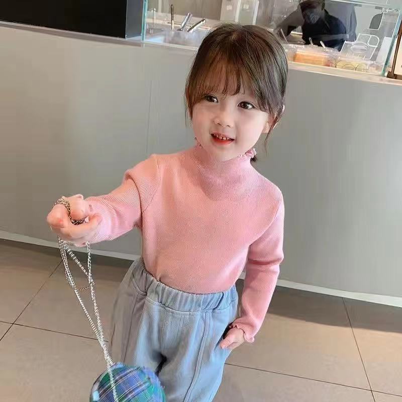 Áo nhung bé gái tay dài cổ cao thiết kế đơn giản thời trang