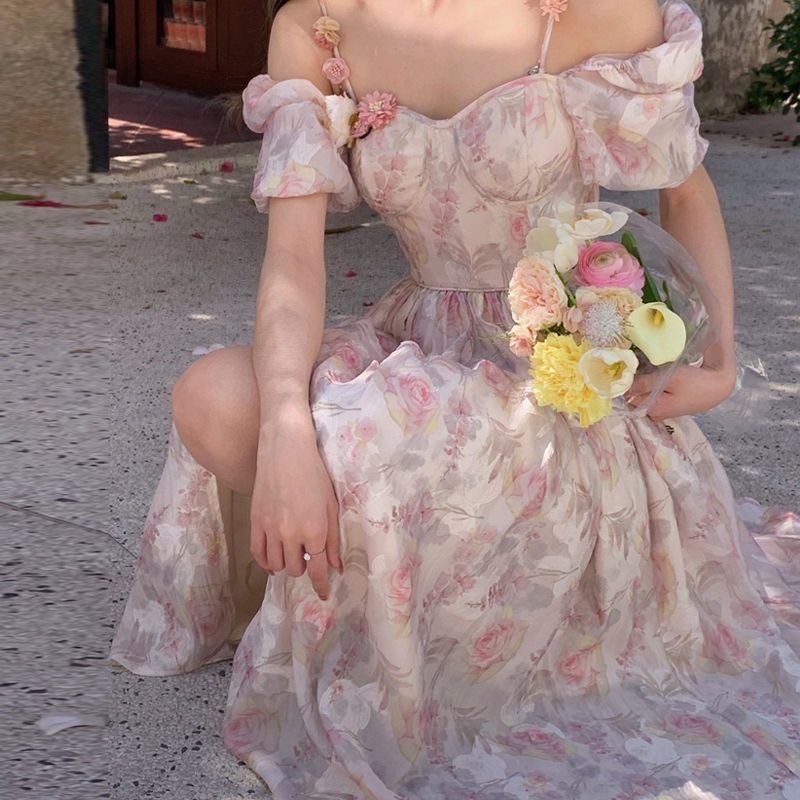 💥Đầm Dài Hai Dây Xẻ Tà Họa Tiết Hoa Phong Cách Công Chúa Kiểu Pháp Thời Trang Mùa Hè Mới đầm dự tiệc