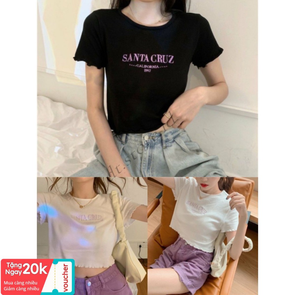freeship Áo Croptop Nữ Santa Cruz Viền Bèo , Áo Ngắn Nữ Chữ Thêu 2 Màu B007