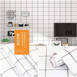 Giấy dán tường sẵn keo khổ 45cm*10 mét hoa văn kẻ đen ô vuông