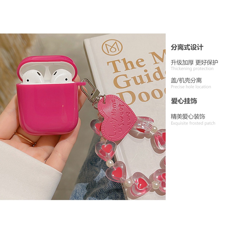 Vỏ bảo vệ hộp sạc tai nghe Bluetooth Airpods 1/2/Pro/3 họa tiết trái tim màu đỏ hồng phối dây đeo dễ thương