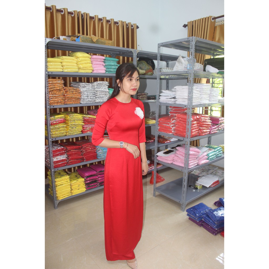 Bộ áo dài truyền thống chất liệu lụa Tây thi cao cấp - màu đỏ (áo cổ tròn tay lỡ)