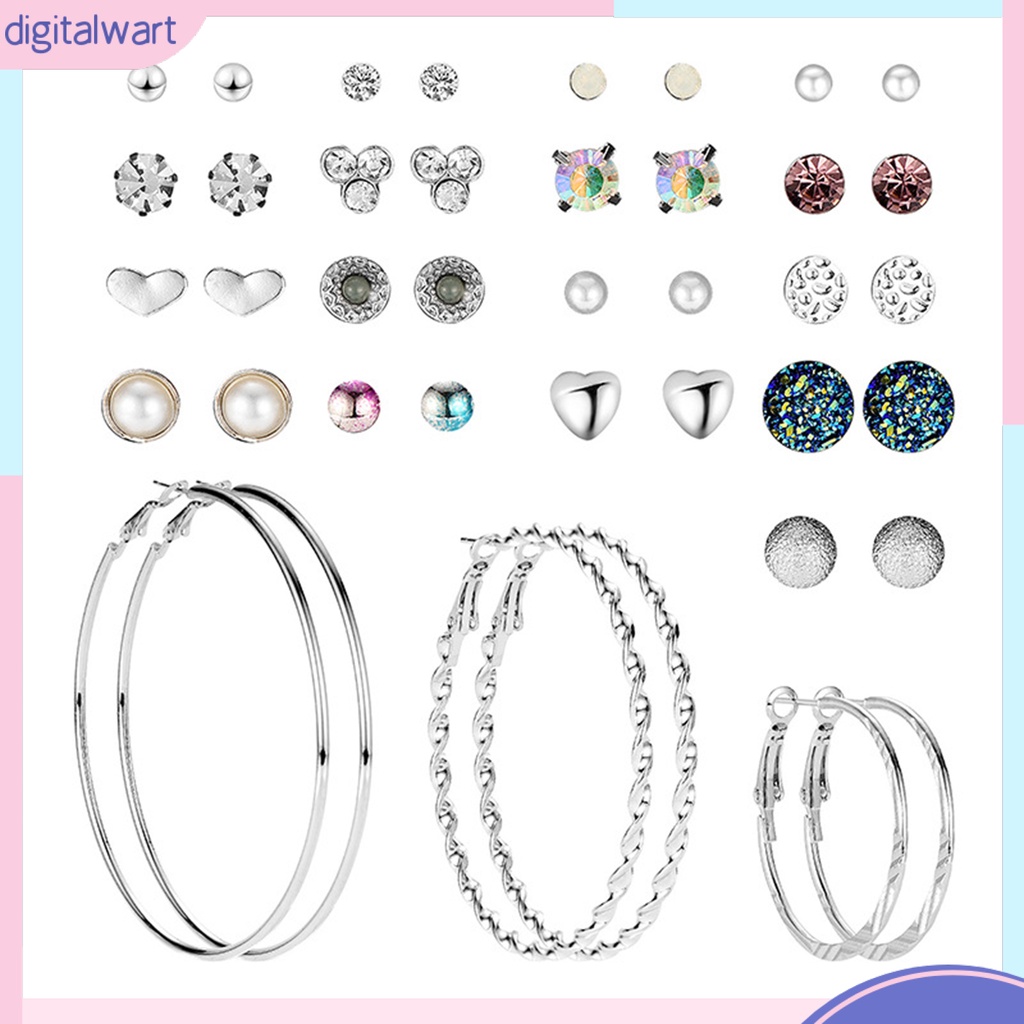 Set 20 Đôi Khuyên Tai Tròn / Trái Tim Đính Đá Thời Trang Cho Nữ