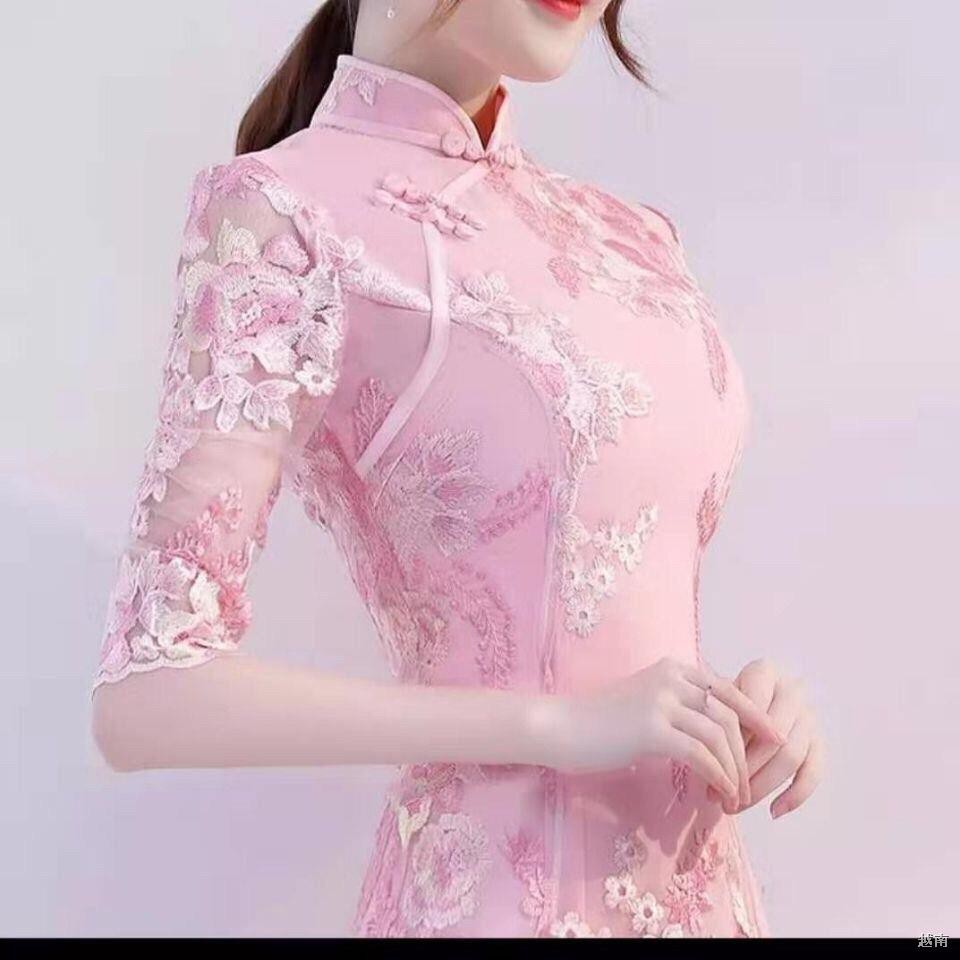 ✤Chất lượng cao vải cải tiến mới phong cách Trung Quốc váy dài sườn xám nữ mùa xuân và hè cô gái tay dạ hội mỏng