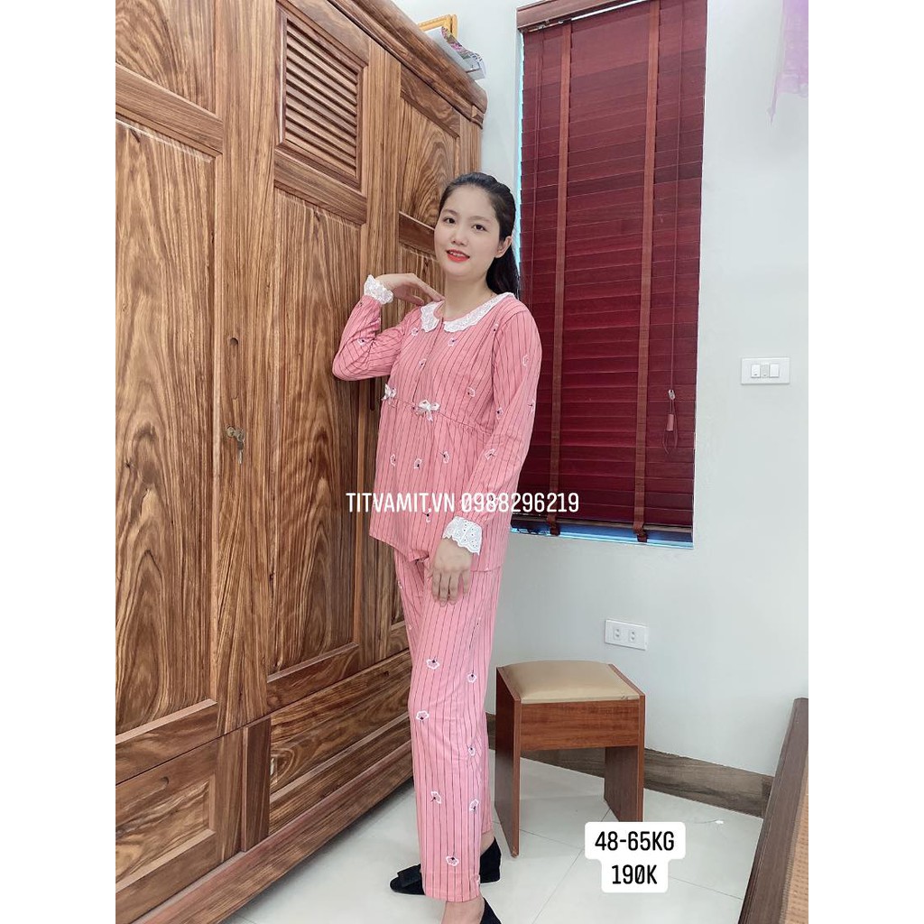 Bộ bầu sau sinh 2in1 cotton viền ren áo mở khóa ngực, quần có chun chỉnh cỡ to nhỏ