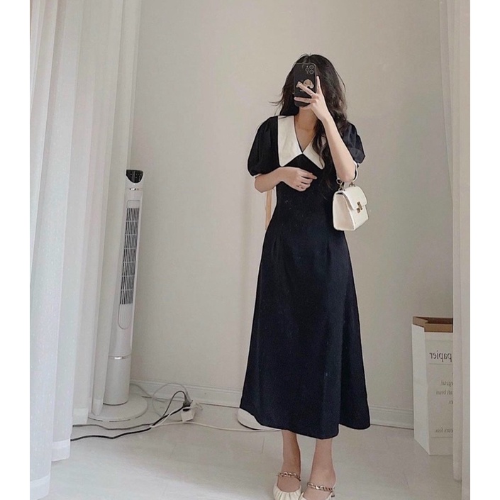 váy tiểu thư màu đen công sở dạo phố dây thắt nơ lưng