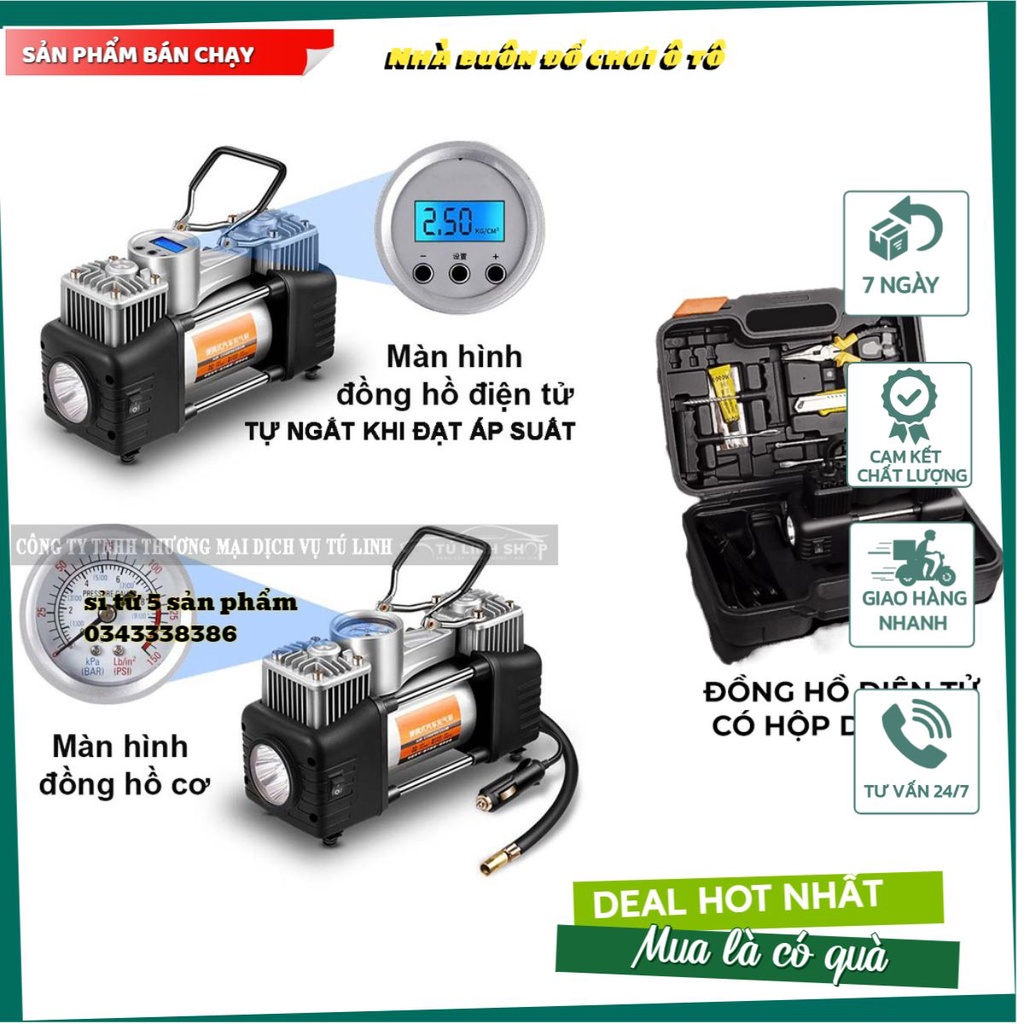 Bơm ô tô 2 xi lanh công suất lớn BH 6 Tháng- Đồng hồ điện tử tự ngắt