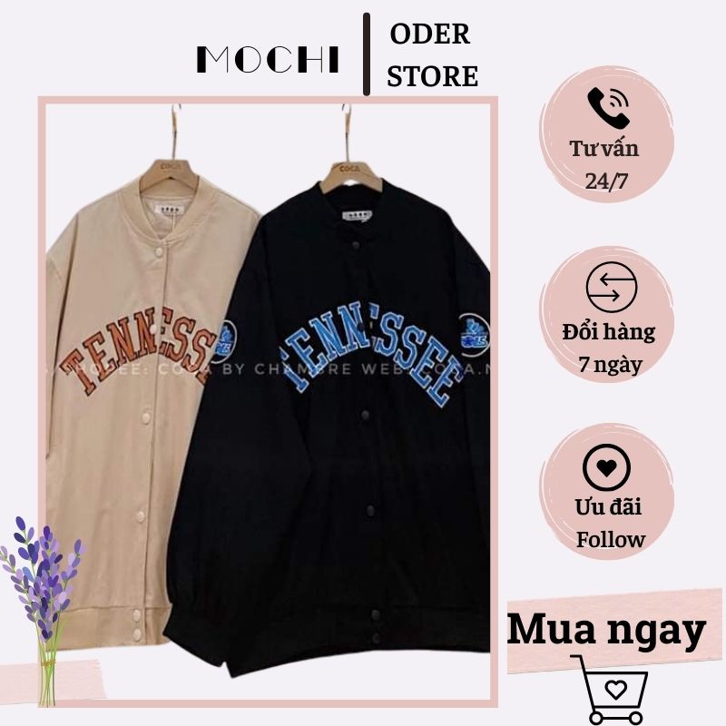 Áo khoác bomber đôi Nam nữ, thêu chữ TENN ESSEE xịn xò, Unisex, form rộng, vải kaki, full 2 màu, phong cách Hàn Quốc