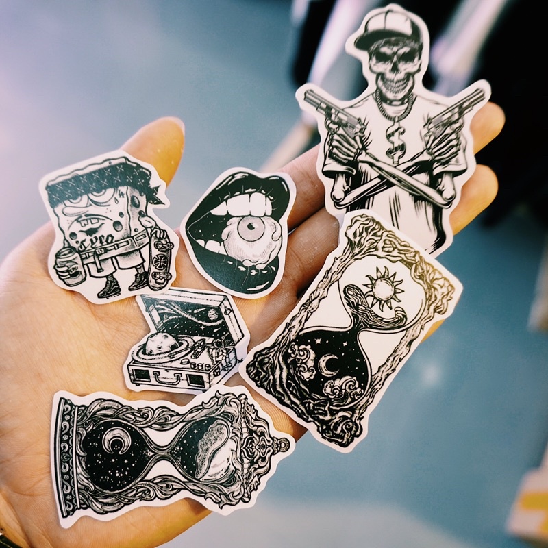 Sticker Đen trắng (6) chống nước, hình dán mũ bảo hiểm, dán xe, điện thoại, laptop – Nghiện Sticker