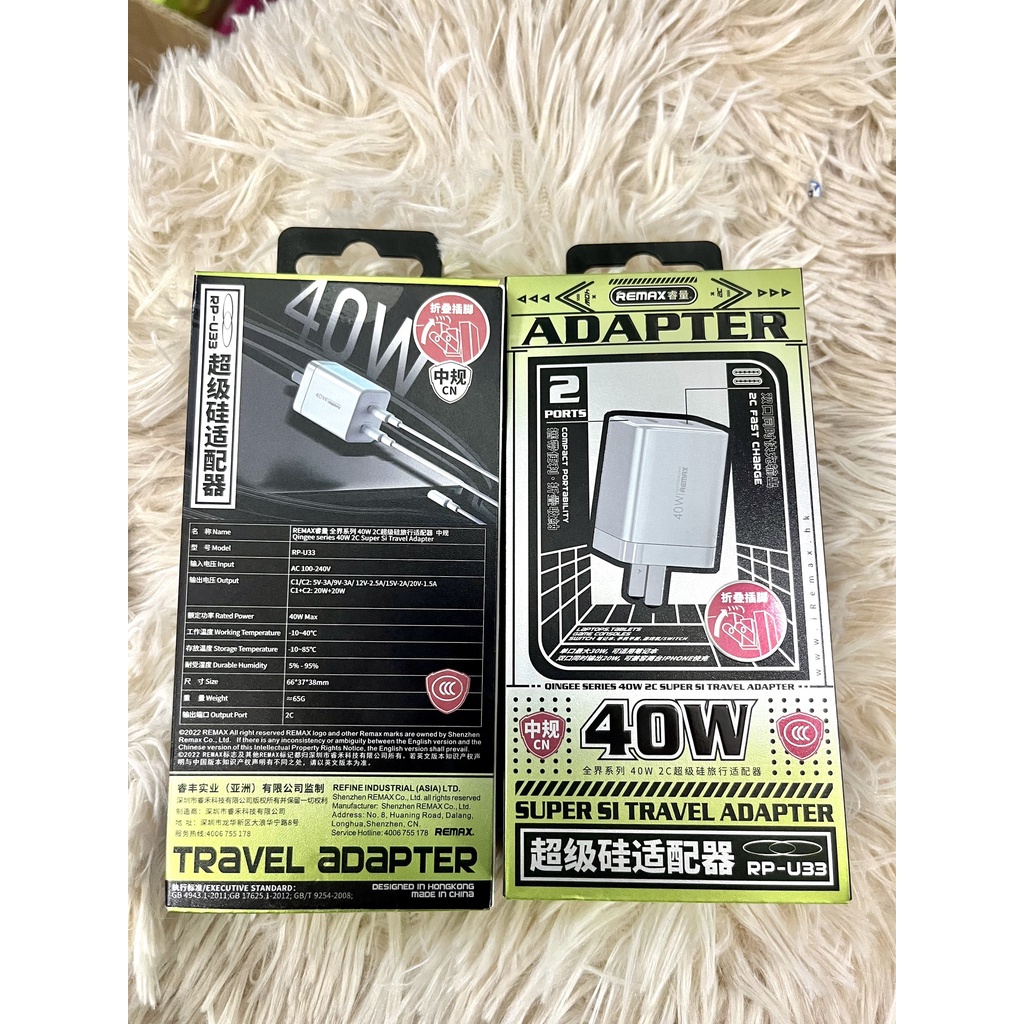 CHÍNH HÃNG Củ cốc sạc nhanh cho ip samsung 40w 8 X XS XSMAX 11 12, REMAX RP U33 2 cổng usb Type C 30W