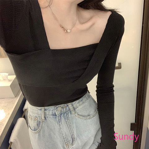 Áo Dài Tay Cổ Vuông Phong Cách Retro Thời Trang Mùa Thu Đông Cho Nữ