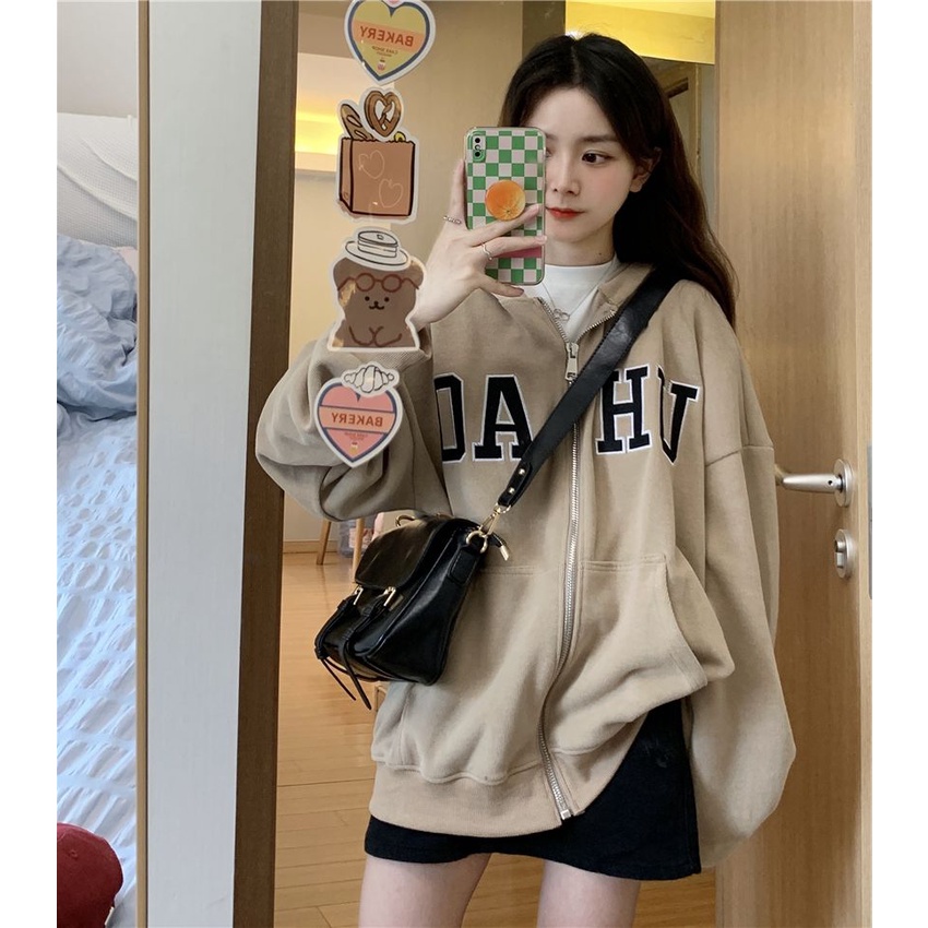 Áo Khoác Nâu Xinh Khóa Kéo Áo Khoác Nỉ Ngoại Mềm Mịn Form Rộng Unisex In Chữ OAHU
