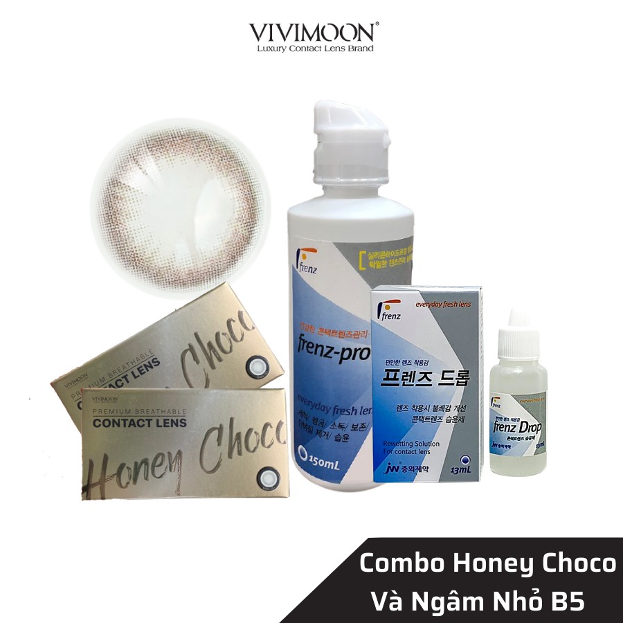 Kính áp tròng VIVIMOON LENS cận nâu tự nhiên Honey Choco và combo nước ngâm nhỏ mắt B5