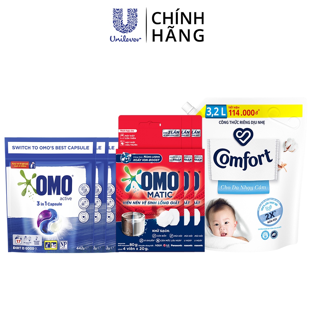 Combo Giặt Ủi: 3 Túi viên giặt OMO-Bền Màu, 12 Viên nén vệ sinh lồng giặt OMO Matic, Nước xả Comfort cho da nhạy cảm