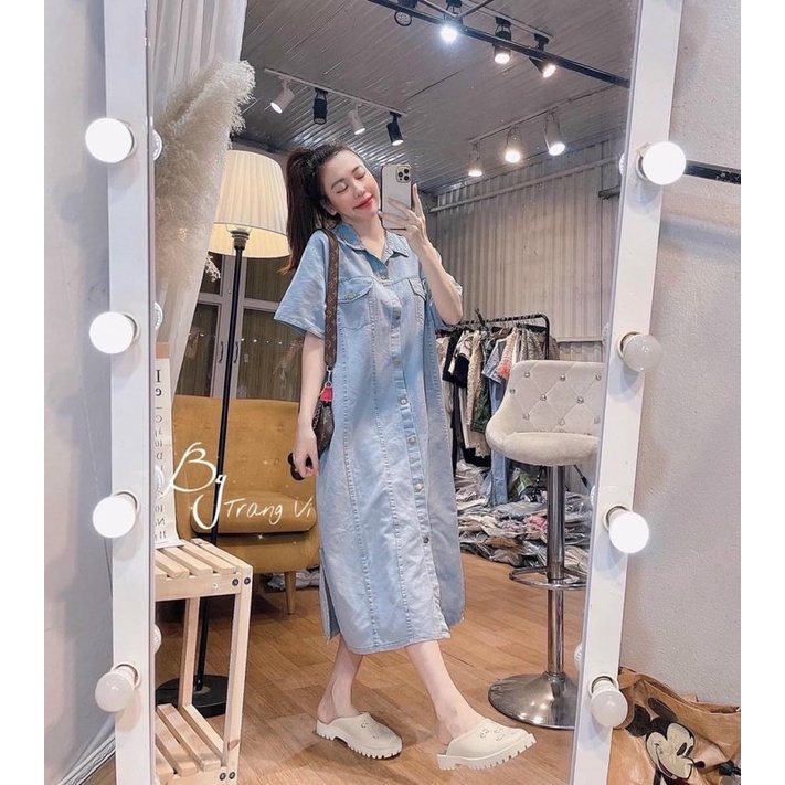 Đầm jean dáng sơ mi suông, Váy bò demi form suông siêu hot