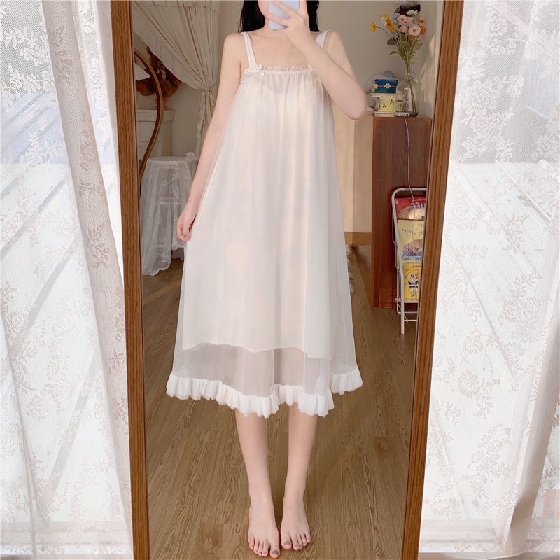 Đầm Ngủ Hai Dây Màu Trắng Kiểu Công Chúa Hàn Quốc Dễ Thương Cho Nữ 2021